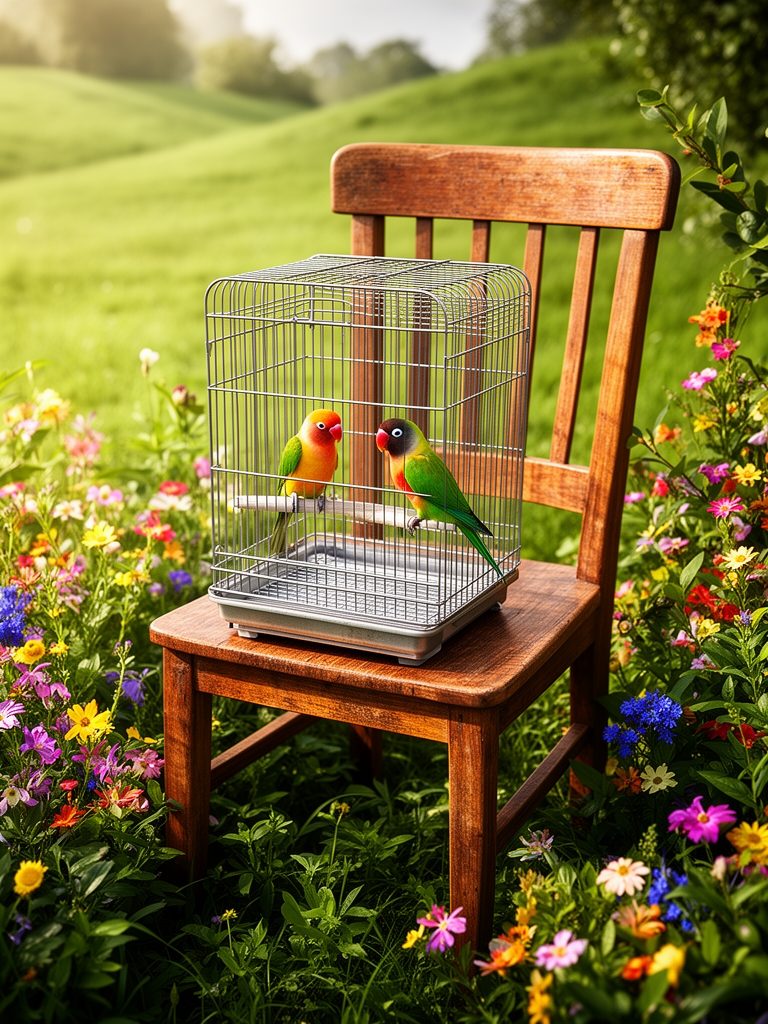 دوتا پرنده مرغ عشق در قفس روی یک صندلی چوبی در جای سرسبز پر از گل 0