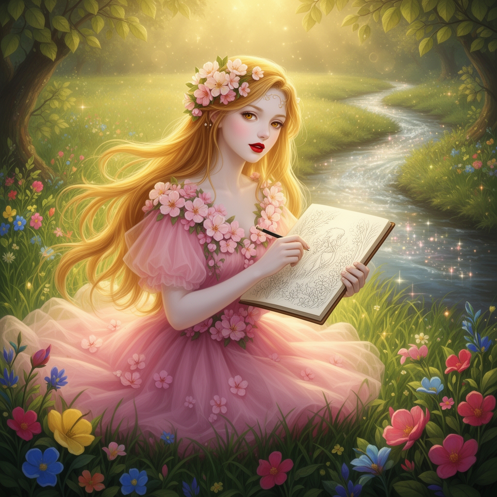 دختری با موهای بلند و طلایی و چشمان عسلی که سارافنی توری و صورتی و روی تور لباسش شکوفه  هایی زیبا باشد و این دختر در دشتی سرسبز و زیبا باشد و با لبانی سرخ و پوستی سفید باشد و دختر،دارد در دفتر نقاشی اش نقاشی همان دشت را میکشد.این دختر در کنار رودخانه ای زیبا است.1