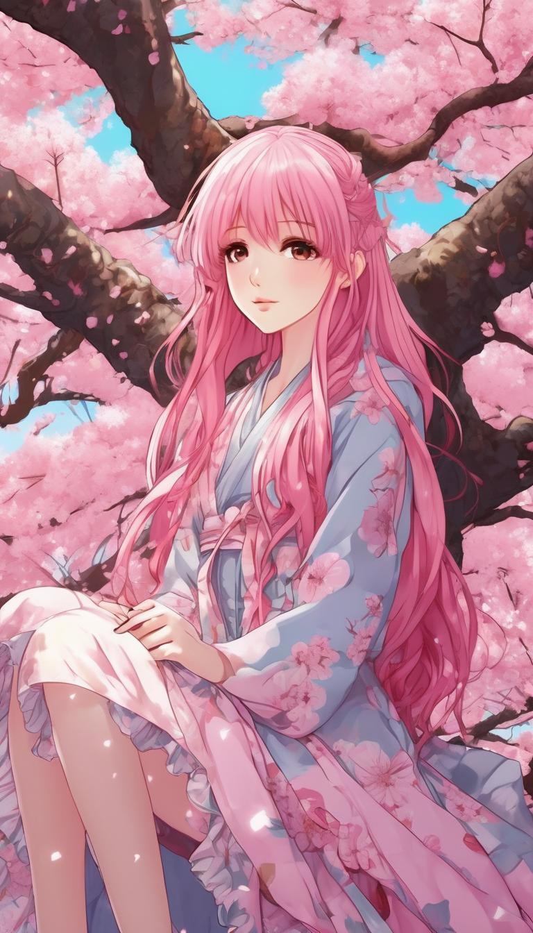 یک دختر با موهای صورتی بلند که زیر یک درخت بزرگ ساکورا دراز کشیده
4