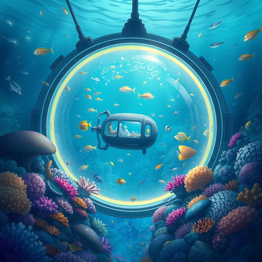 یک عکس زیبا و رویایی برای طرح جابر بن حیان با موضوع سفر به اعماق دریا برایم طراحی کن2