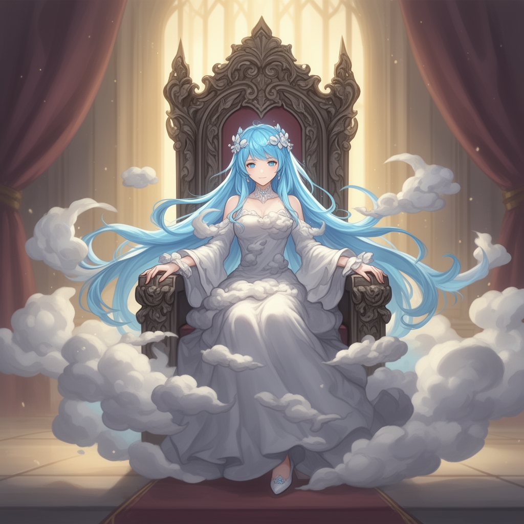 پادشاه جهان دختر بسیار زیبایی که رنگ موهایش آبی آسمانی و لباسش به رنگ ابر هاست و در تخت پادشاهی نشسته 4