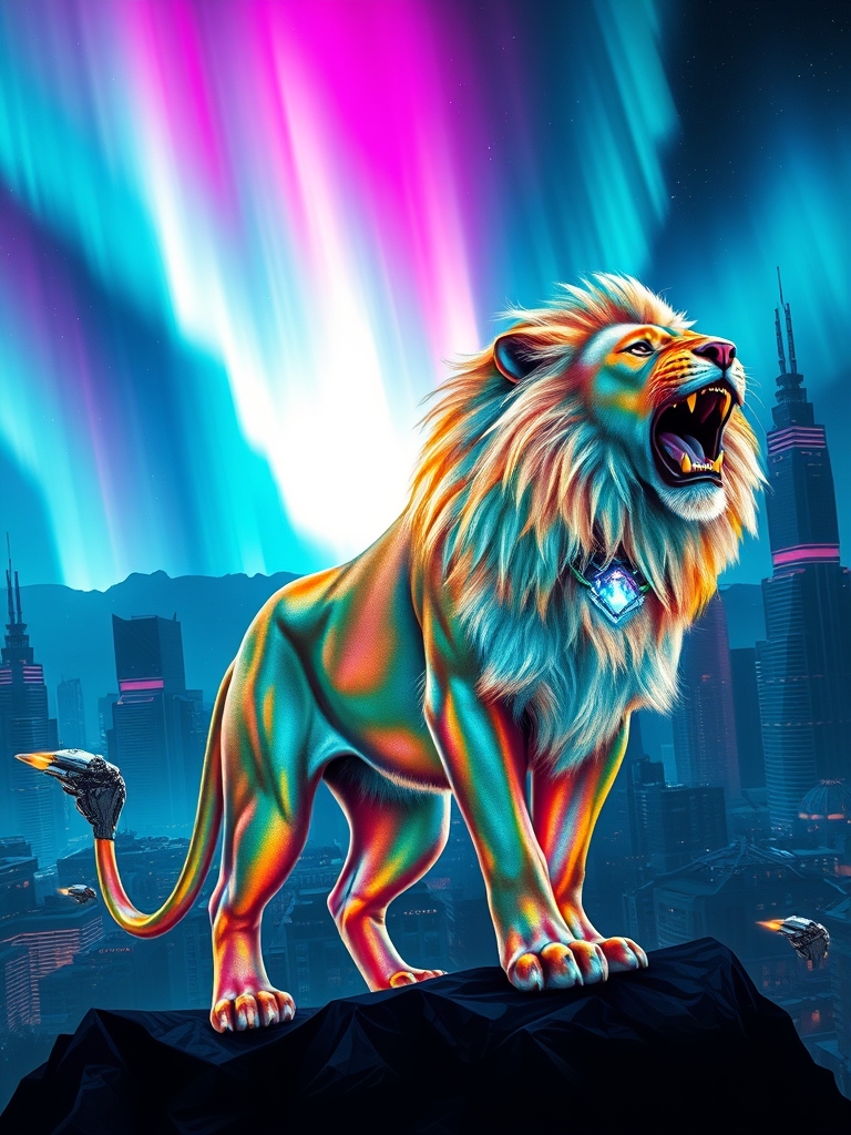 یک شیر قدرتمند با خز کریستالیشکل، غرشکنان زیر آسمانی روشن از شفق قطبی.16