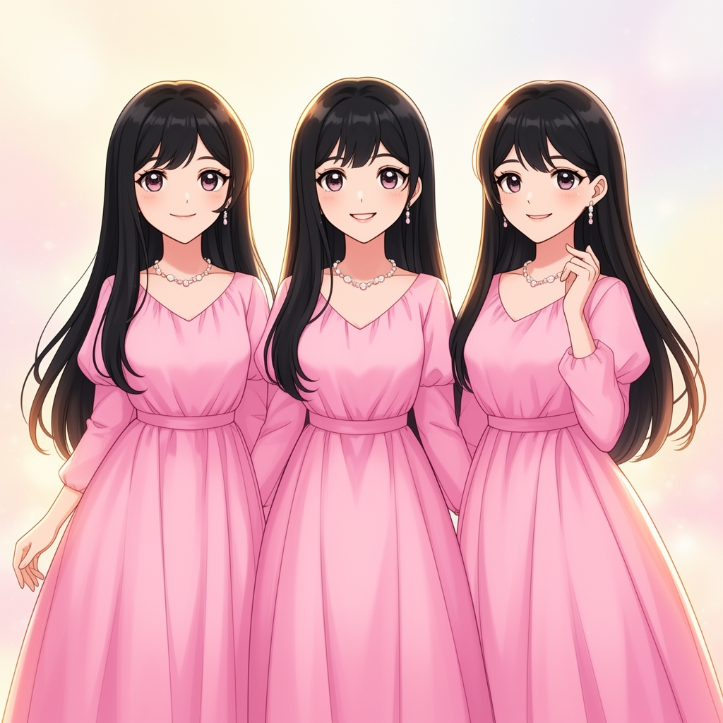 سه قلوها زهرا فاطمه زینب سه خواهر سه قلو و شبیه به هم هستند که مو های مشکی بلند دارند و پیرهن زیبای صورتی و اکلیلی تن کردن 
2