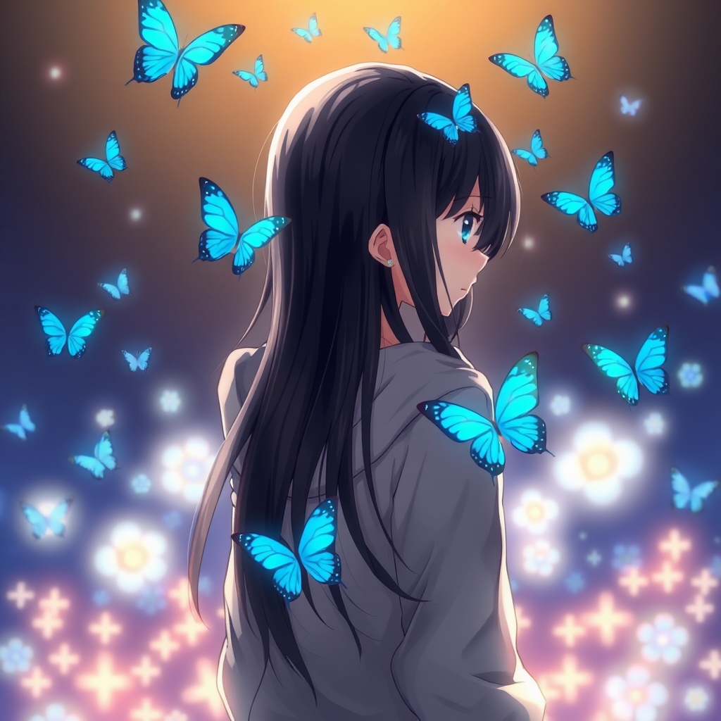 دختری با موهای سیاه بلند،چشمان فیروزه‌ای ،او هودی پوشیده،پشت به دوربین،پروانه های آبی دورتادور او،شب است و گل های شبتاب آیی دورتادور او است.2