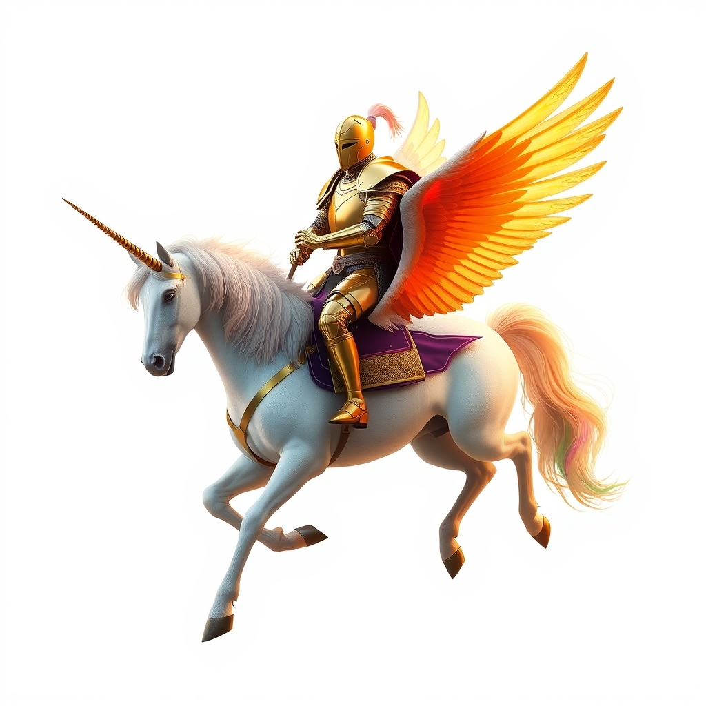 یک شوالیه طلایی خفن سوار بر یک اسب پونی رنگین کمانی تکشاخ و بالدار زیبا و با شکوه پسزمینه سفید در حال پرواز واقع گرایانه14