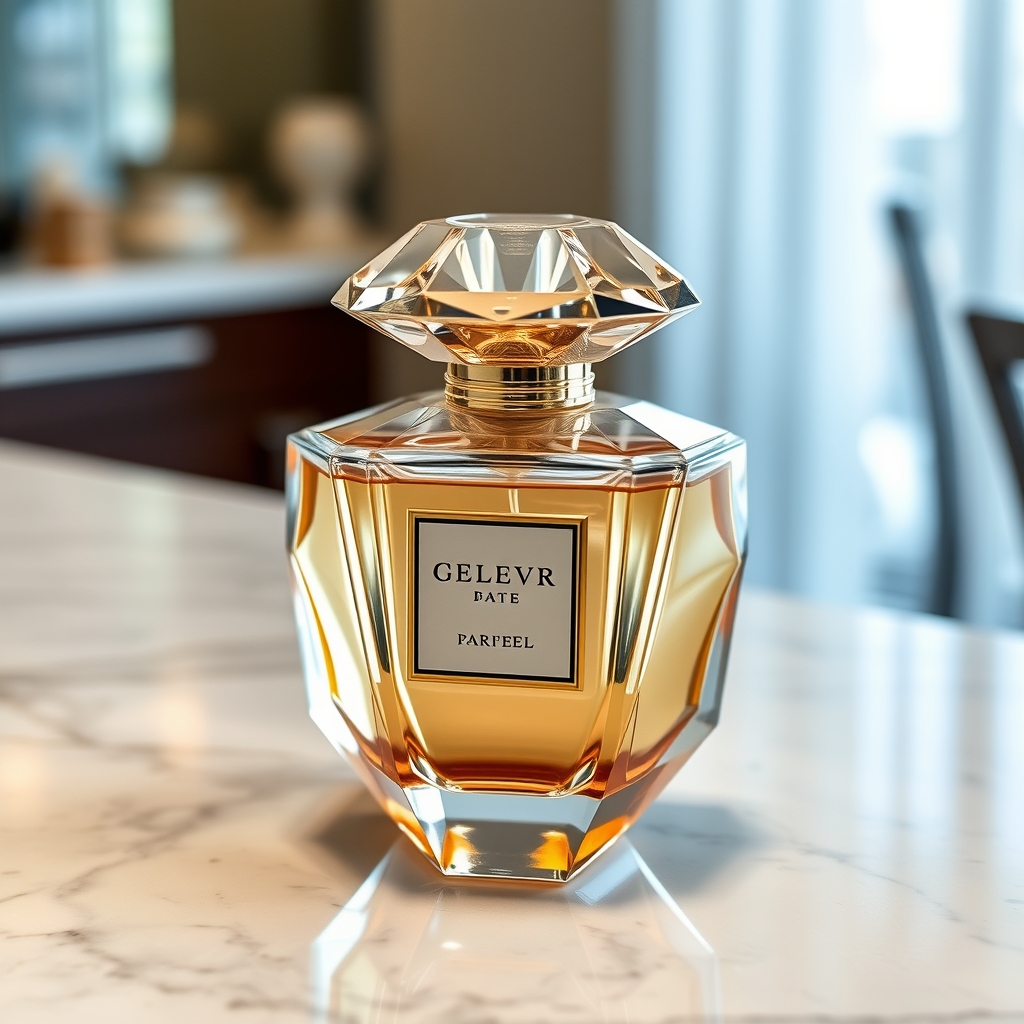 یک شیشه عطر لوکس به شکل الماس، قرارگرفته روی یک پیشخوان مرمر.
2