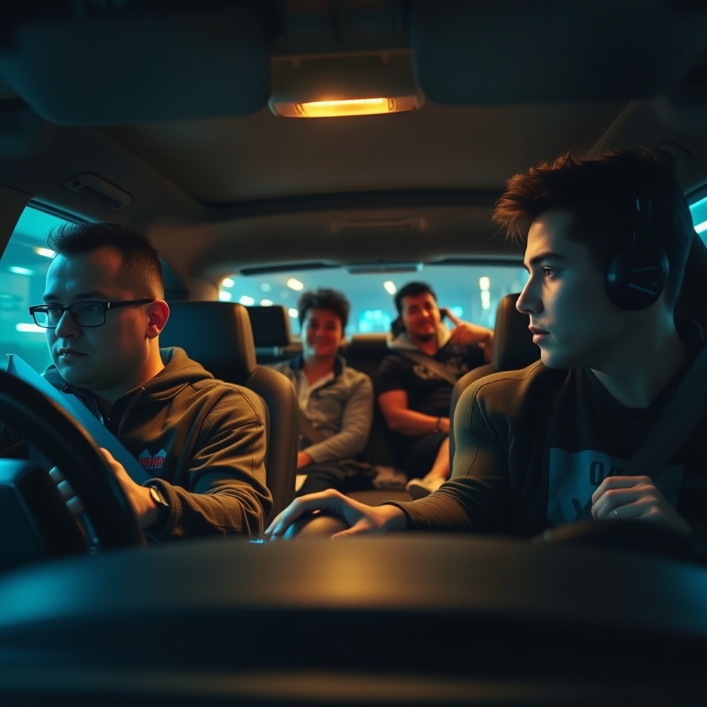 یک گیمر که با موس و کیبورد داخل یک ماشین درحال حرکت اادن ماشینه با موس و کیبورد دونفر پشتشن و یه نفر جلو سمت چپ17