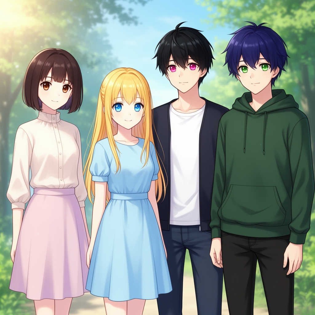 ۴ نفر که ۲ نفر دختر و ۲ نفر پسرن یکی از دخترا موهاش تا گردنش رنگ مو و چشماش قهوه ای یکی دیگه از دخترا موهاش طلایی و بلند و چشماش آبی یکی از پسرا موهاش سیاه چشماش صورتی اون یکی پسر آخرم موهاش نیلی چشماش سبز 5