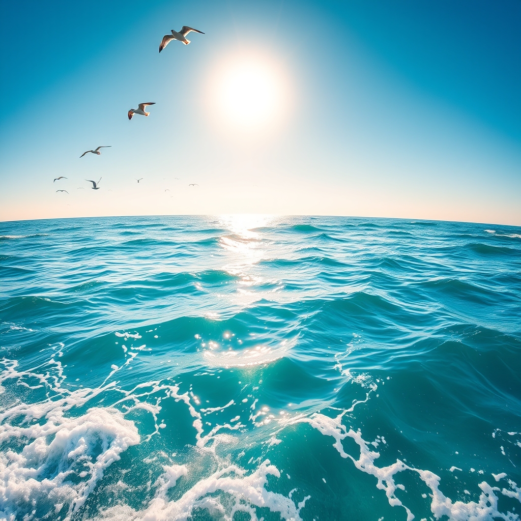 اقیانوسی آبی و زیبا که امواج پشت سر هم به سمت جلو حرکت می کنند و مرغ در یایی ها در آسمان پرواز می کنند و خورشید در آسمان میدرخشد 4