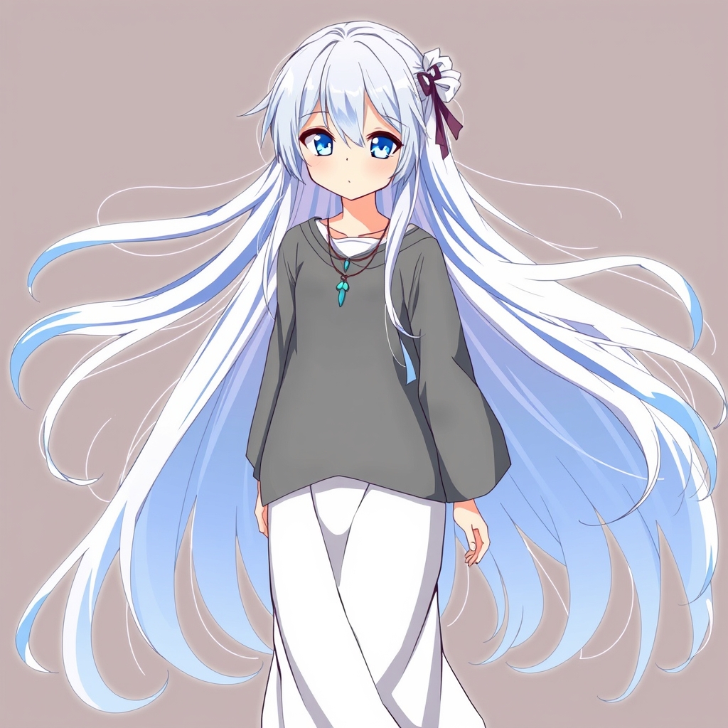 میتسوری با موهای بلند بلند رنگ آبی و سفید و چشم های آبی کم رنگ و درخشان لباسی کوتاه و لش با رنگ خاکستری چند گردنبند گردنش هست دامن او تا زانو و رنگ دامن سفید 21