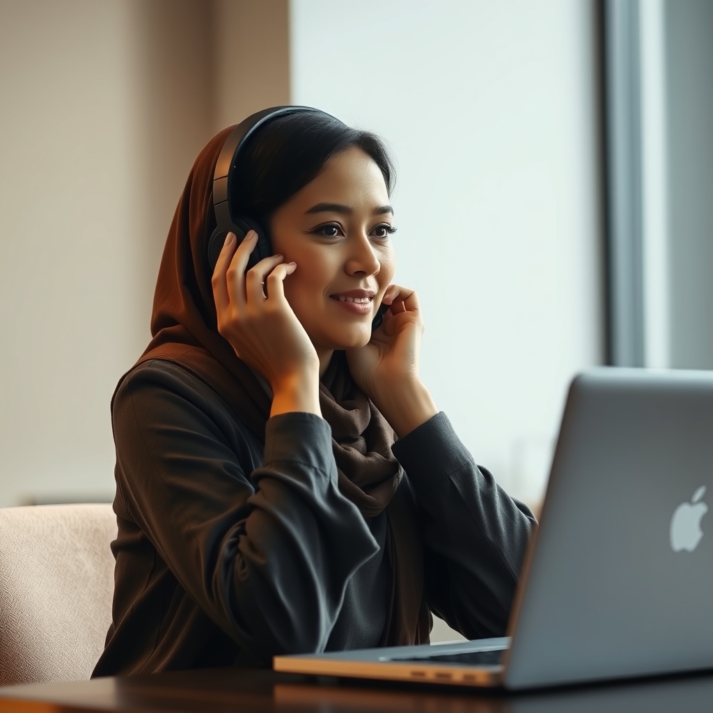 تصویر یک خانم که پشت یک لپ تاپ نشسته و یک هدفون به گوش دارد و دستهایش را روی هدفون گذاشته و در حال مکالمه می باشد 21