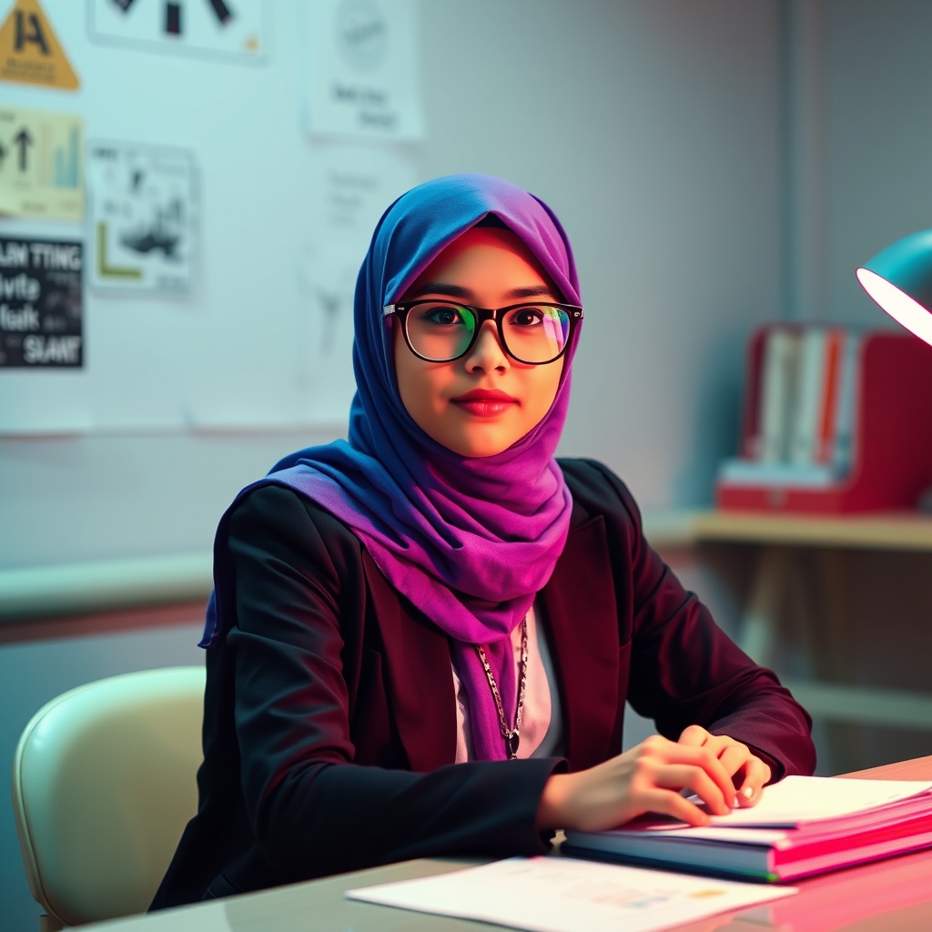 عکس یه دختر محجبه که روسری بنفش یاسی پوشیده و عینک زده و روی میز تحریر ش نشسته
2