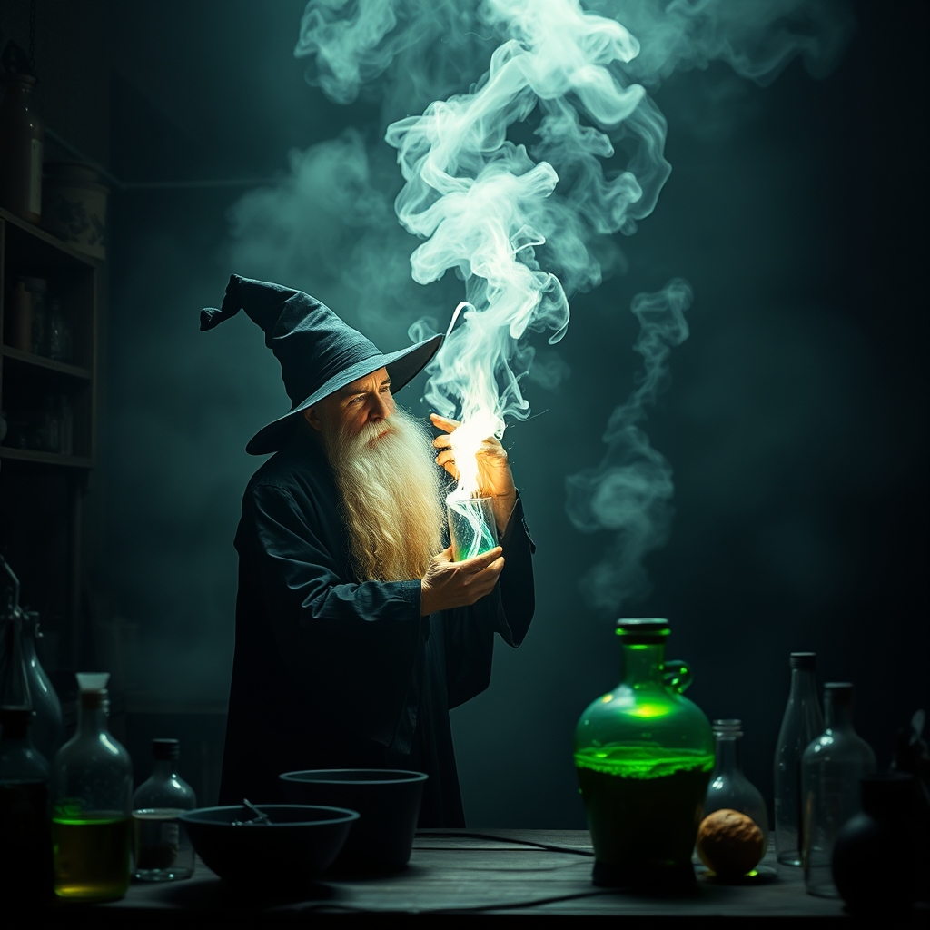 یک جادوگر اسرارآمیز در حال ساختن یک معجون درخشان در آزمایشگاهی تاریک و مه‌آلود.5