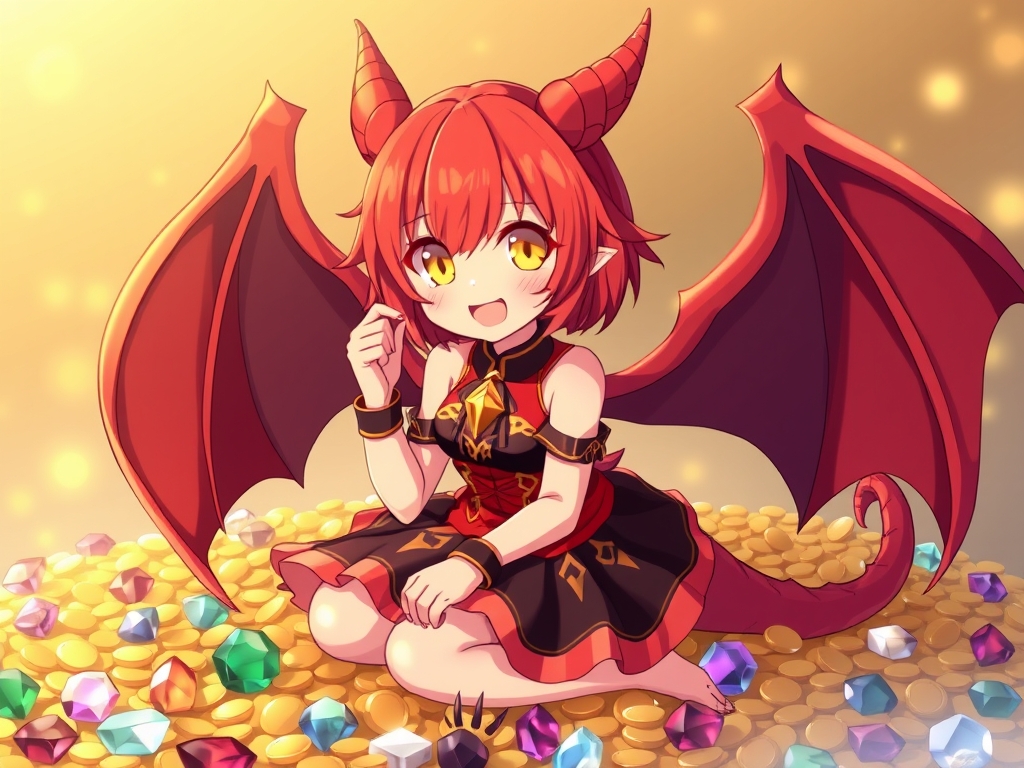 دختر اژدها نما شاد ،با چشمان زرد با موهای سرخ چتری کوتاه قرمز و دو شاخ زیبا، با بال های خفاشی قرمز بزرگ، لباس نیمه تنه قرمز و سیاه و  خط های طلایی و دامن ابریشمی توری مانند کوتاه نشسته تپه ای از طلا و جواهرات ،زیور آلات و بازی با آنها.9