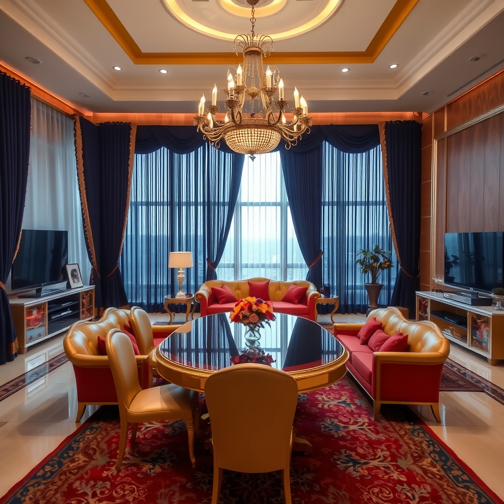 عکس یک پذیرایی بزرگ که میز نهار خوری و مبل ها طلایی و قرمز ،والون پرده ها سرمه ای و فرش رنگی در خانه است با لوستر خوشگل و شیک ، تلویزیونی بزرگ و بقیه وسایل خانه23