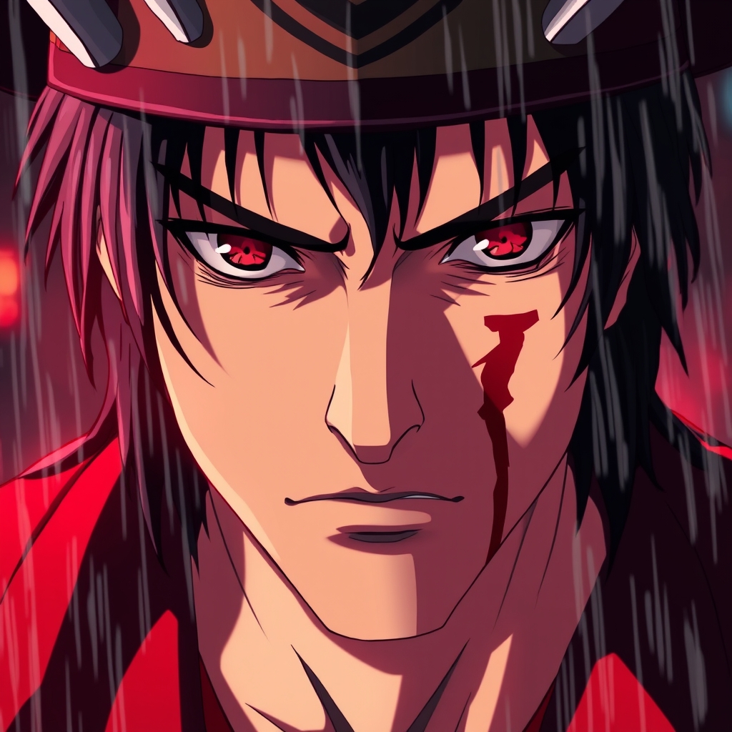 نمای نزدیک از چهره یک سامورایی انیمه با زخم روی صورت و نگاه جدی، باران شدید، نورپردازی دراماتیک قرمز، جزئیات بالا.0