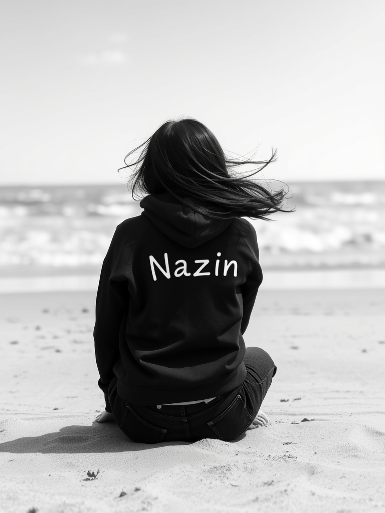 یه دختر با موهای مشکی بلندو هودی سیاه که روی هودی نوشته شده نازنین و لب ساحل نشسته وبا شلوار جین مشکی هست و موهاش داخل باد پرواز می‌کنند و دختر پشت به دوربین است و تم تصویر هم سیاه و سفید خفن هست0