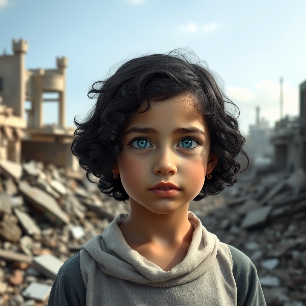 دختر بچه ای باموهای کوتاه و فرفری بارنگ مشکی وچشم های آبی در کشور غزه در خرابه ای14