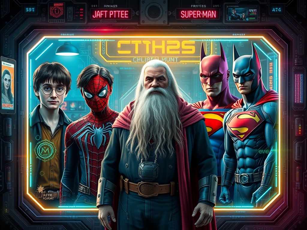 هری پاتر و مرد عنکبوتی و بتمن و سوپر من و یک پیر مرد با ریش بلند و شخصیت های معروف در کنار هم در یک قاب دیجیتالی و سایبرپانک.1