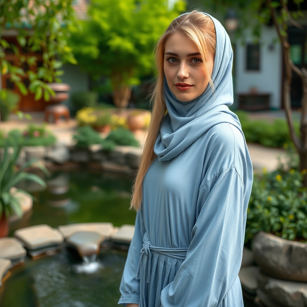 دختری با لباس آبی روشن در کنار چشمه با مو های زرد و چشم های قرمز 22