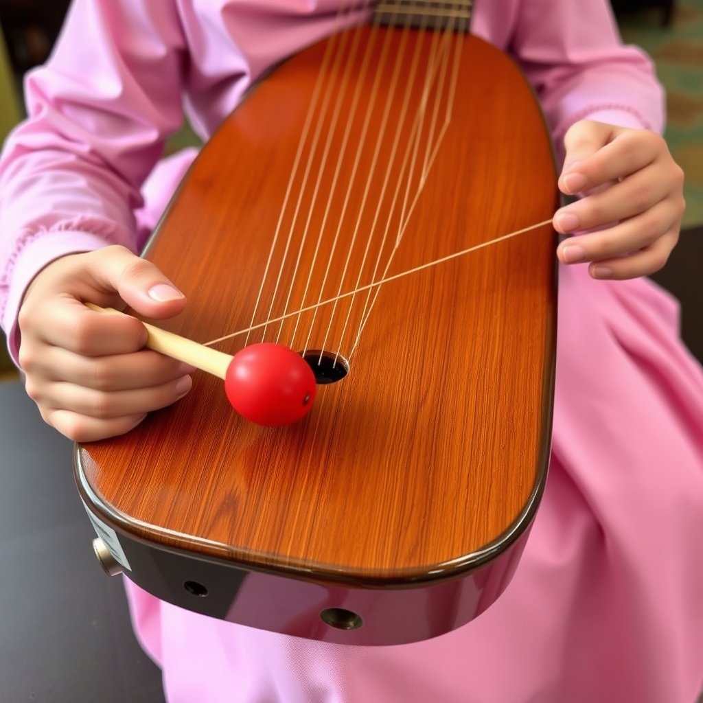 عکس یه سنتور که یه دختر با دو مضراب بر روی سیم های او ضربه می زند و دوربین روی ساز او زوم شده است و دختر لباسی صورتی و دامن  دار پوشیده است و ساز او شکلی ذوزنقه ای شکل دارد و قهوه ای رنگ و براق است که ۳۰ تا سیم بر روی آن قرار گرفته اند و دو مضراب که چوب های نازکی است که جایی که با آن به سیم ها ضربه می زند قرمز و بیضی شکل و باریک است سنتور او بر روی یک میز قرار دارد و یک مضراب در یک دستش و مضراب دیگر در دست دیگرش قرار دارد21