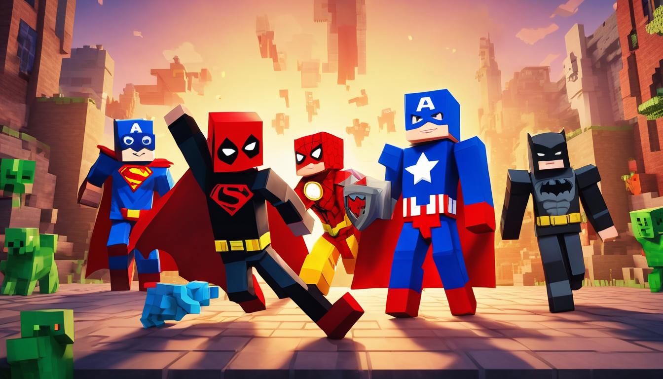 عکس دختر کفشدوزکی که پیش سوپر من وایستاده و بتمن که پیش گربه سیاه هست و فلش هم با مرد عنکبوتی دوست شده و کاپیتان آمریکا داره یک ویلیجر ماینکرافت که خیلی ویلیجر ماینکرافت کوچیک هست رو میخوره 4