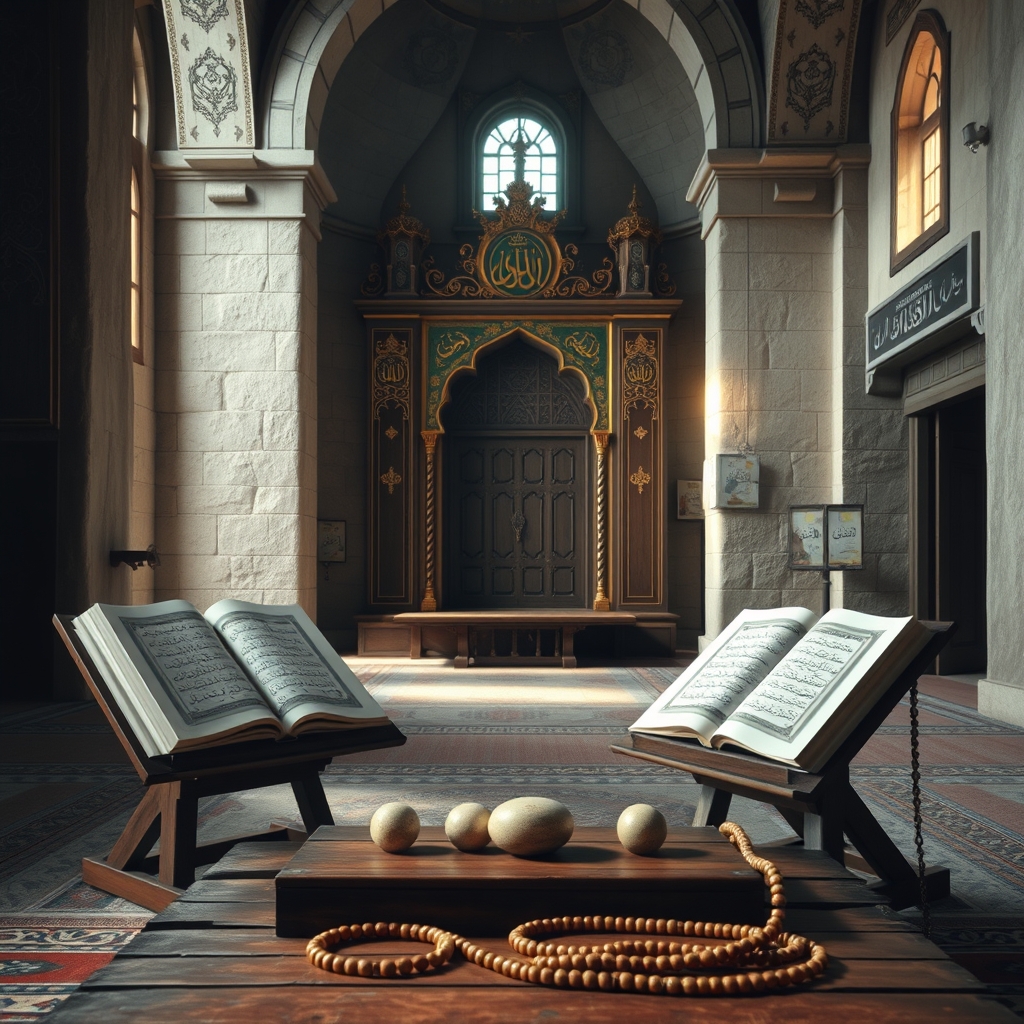 محیط یک مسجد باستانی با کمد رحل و قرآن و یک محراب زیبا و میز جا مهر و تسبیح
8
