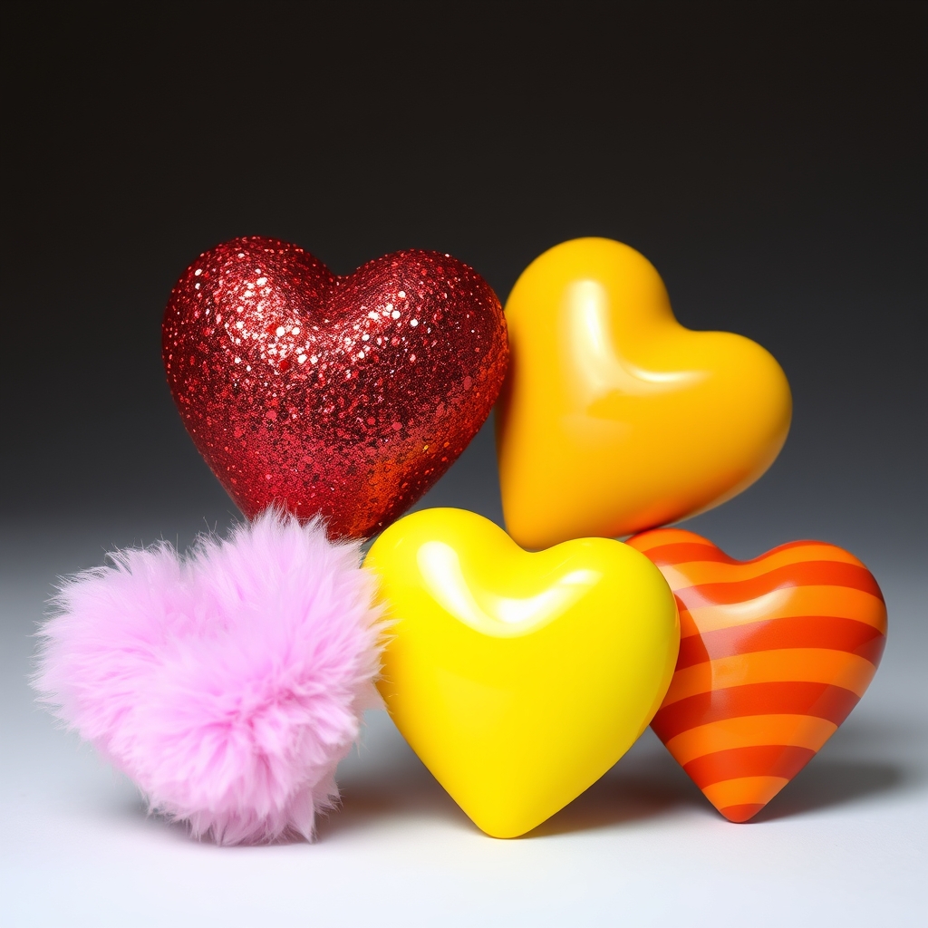 یه قلب اکلیلی فانتزی قرمز در کنار قلب پشمالوی خز دار صورتی و قلب زرد براق وقلب نارنجی راه راه11