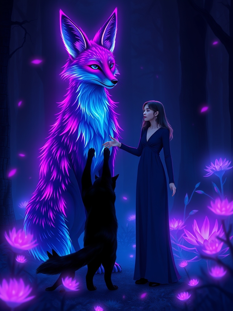 یک روباه نئونی درخشان در جنگلی تاریک، احاطه‌شده توسط گیاهان شب‌تاب. و دختر می‌خواهد با گربه اش به او کمک کند1