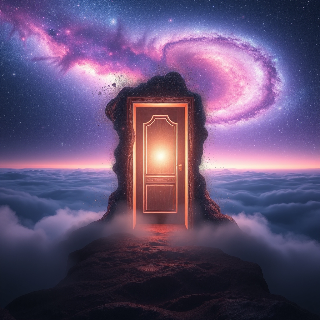 یک در مرموز ساختهشده از غبار ستارهای، شناور در میان یک صحنه کیهانی.11