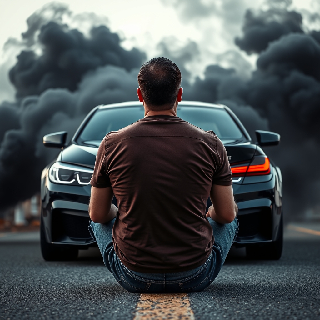 یک مرد نشسته جلوی بی ام دبلیو مشکی براق
که مرده پشتش به ماست 
با پس زمینه دود مشکی در جاده22