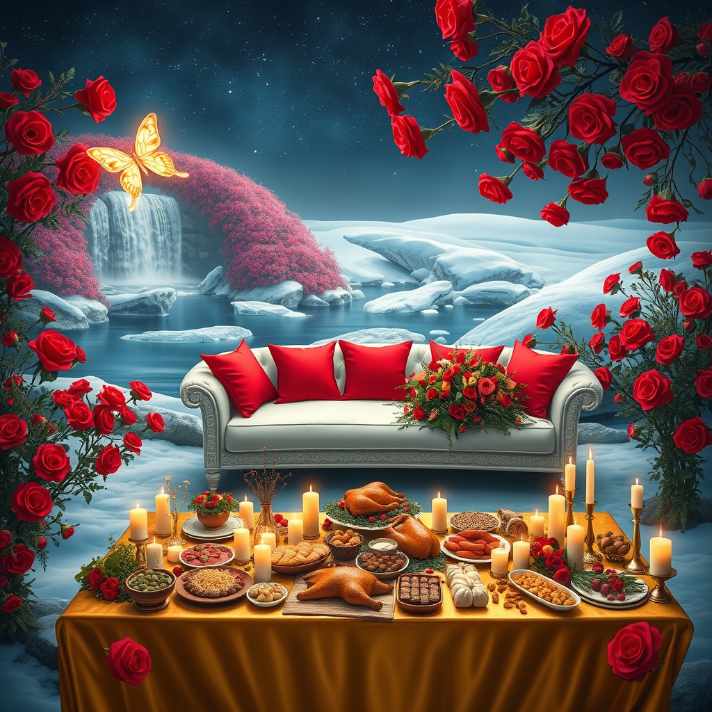 باغ گل سرخ یک تونل گل سرخ در کنار رود و آبشار شبی درخشان پرستاره و پروانه درخشان یک کاناپه سفید با کوسن های قرمز گوشه کنار یخ و برف هستش روبروی کاناپه میز مجلل طلا و بزرگ پر شمع و گل پر از کباب مرغ گوشت سبزی میوه شیرینی آجیل


13