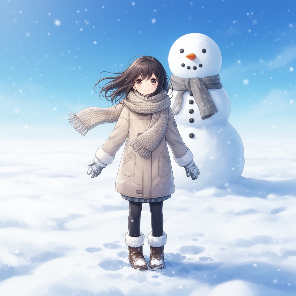 یک دختر وسط یک عالمه برف و یک ادم برفی پشت سرش 4