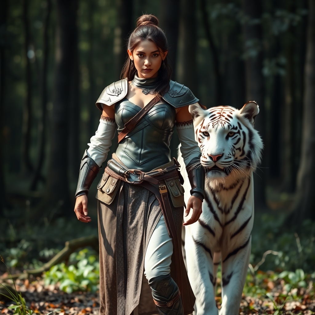 زن جنگجو وقوی در جنگل کنار ببر سفید 3