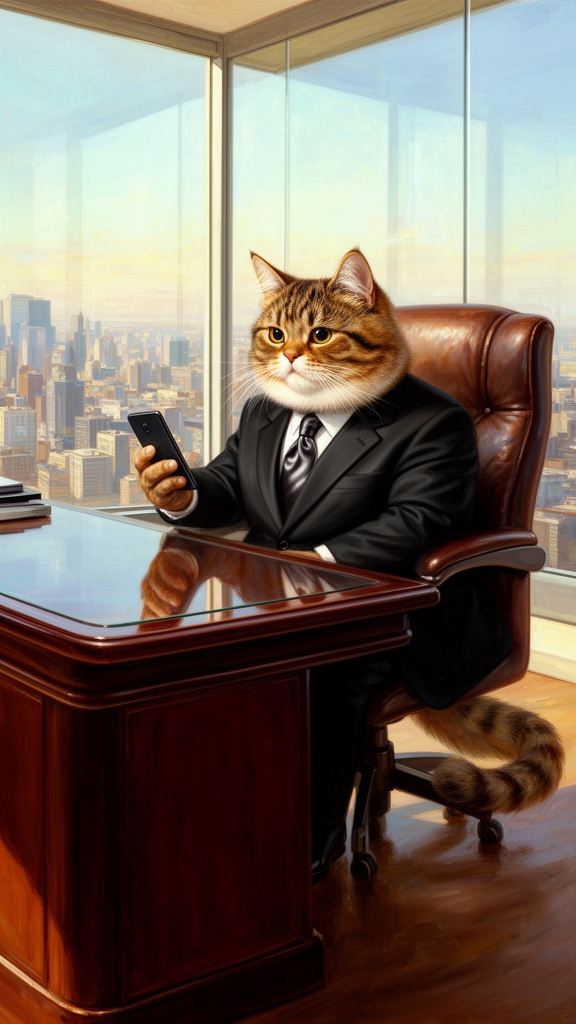 گربه‌ای چاق و بامزه با کت و شلوار رسمی و کراوات که پشت میز مدیریت نشسته و با تلفن صحبت می‌کند، دفتر کار شیشه‌ای در آسمان‌خراش.3