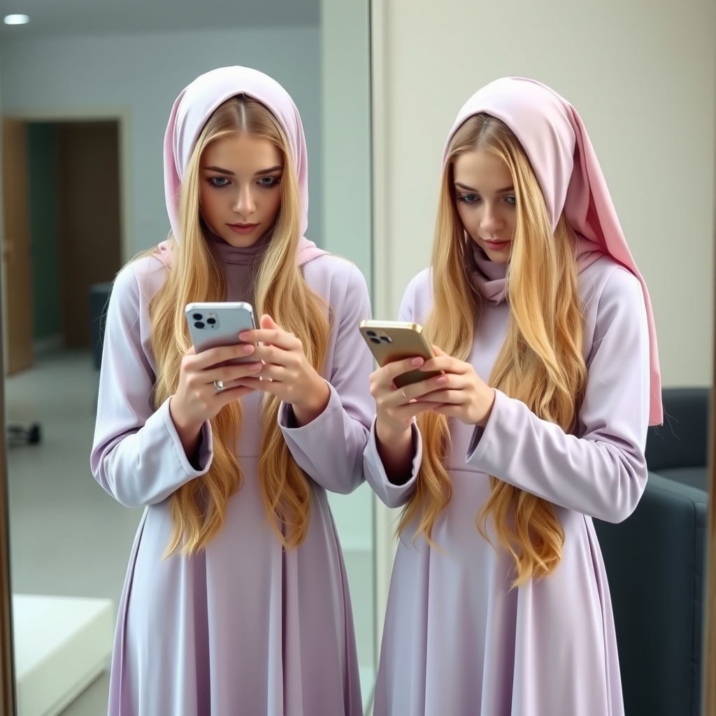 دو خواهر در  آینه ایستاده‌اند و موهایشان بلندددددد  طلایی و چشمانشان آبی  و سرشان در گوشی آیفون است20