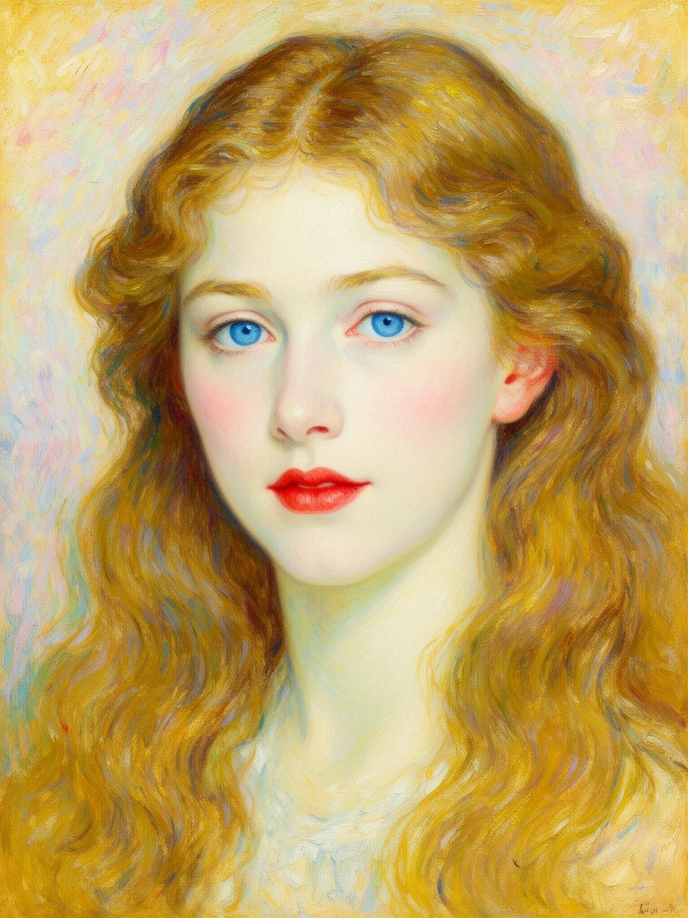 دختری زیبا با چشمانی به رنگ آبی آسمانی و مو های بلند و فر دار به رنگ قهوه روشن و صورتی سفید و صاف و لبی همچون گل قرمز و بینی کوچک  به سبک پست امپرسیونیسم 5