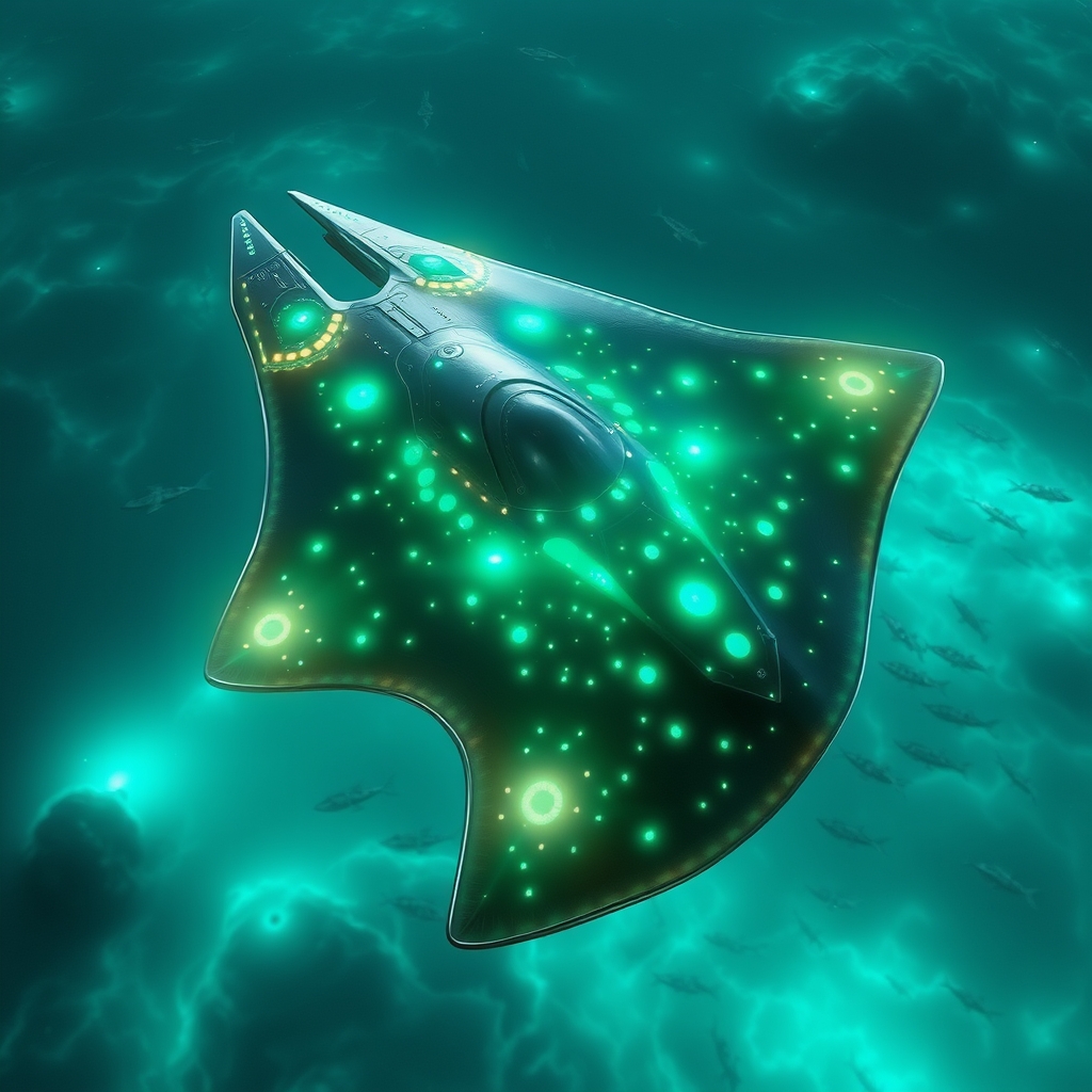 یک سفینه فضایی آینده‌نگر به شکل موجود دریایی، در حال پرواز بر فراز یک اقیانوس بیگانه.4