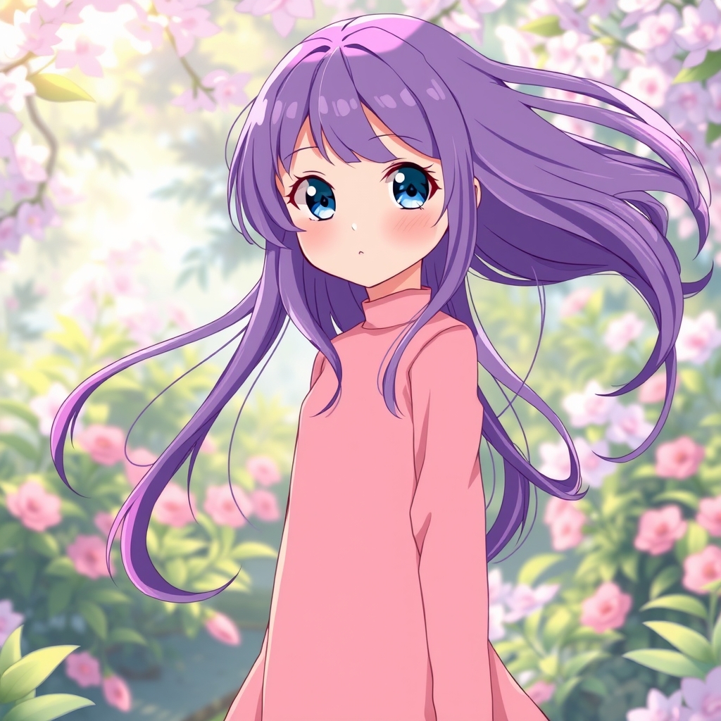 یک دختری که یک لباس صورتی بلند پوشیده است ا موهای بلند باز بنفش در باغی رویایی چشمهای آبی16