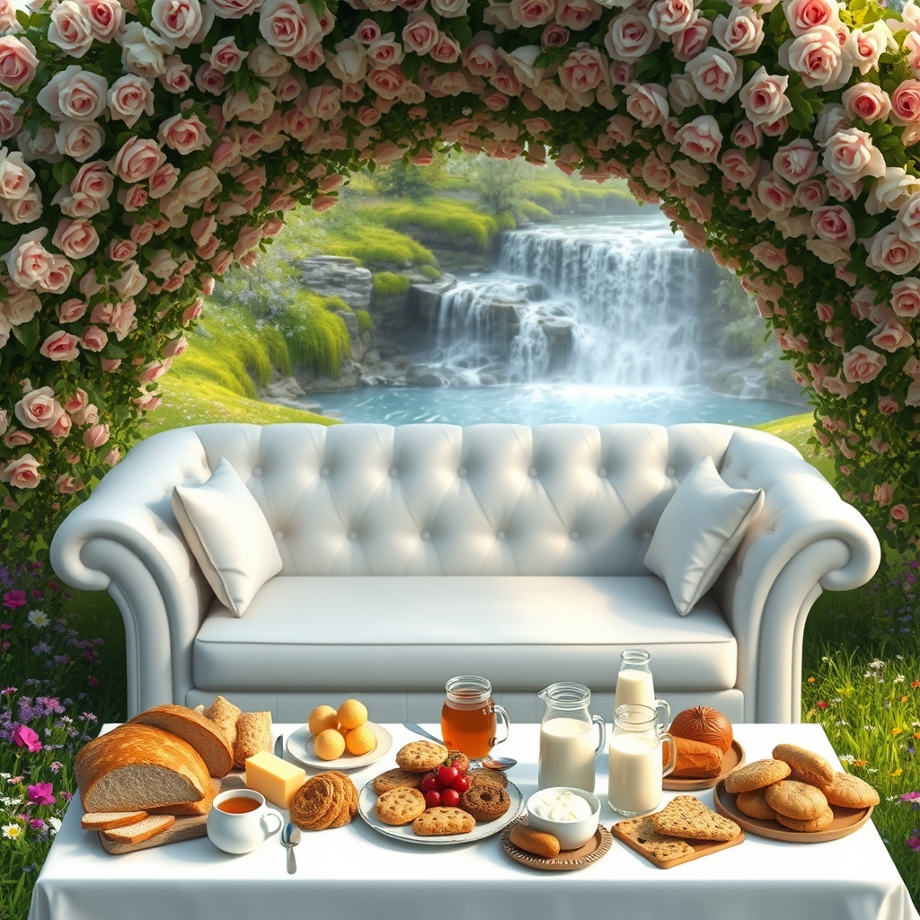 زیر تونل گلهای رز در احاطه رود آبشار یک کاناپه سفید سفید هست روبرویش میز سفید صبحانه پر نان کره خامه عسل میوه شیر شیر برنج مربا شیرینی کلوچه واقع در دشت گلها
19