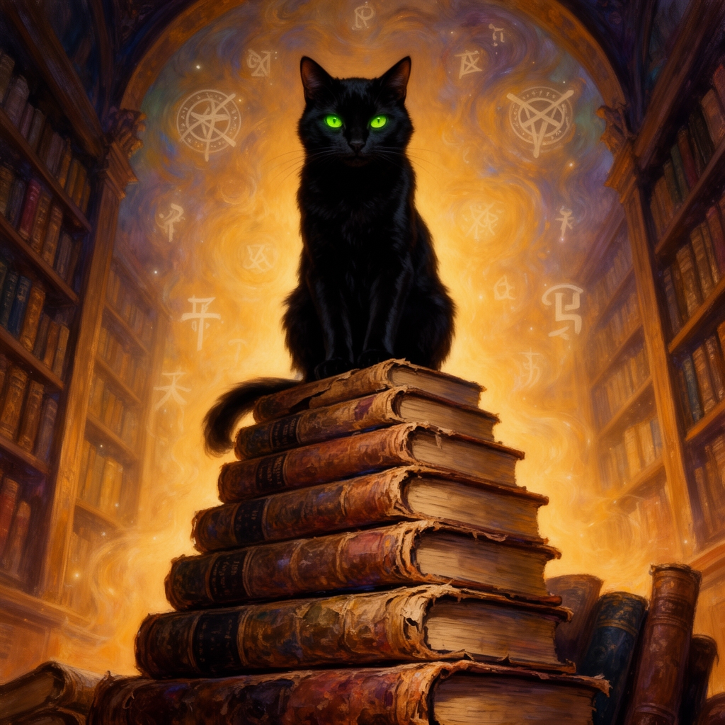 یک گربه سیاه مرموز با چشمان سبز درخشان، نشسته روی انبوهی از کتاب‌های قدیمی به سبک پست امپرسیونیسم 5