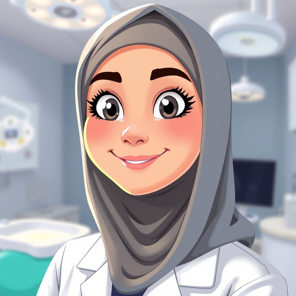 عکس خانم دندون پزشک که روسری سرشه و لبخند زده به مدل کارتونی،لبخند زده اما دندونهایش معلوم نیست20