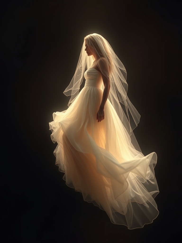 یک عروس شفاف شناور در هوا، که به نرمی در یک اتاق تاریک میدرخشد.8