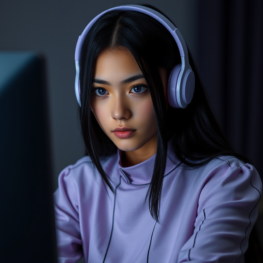 یک دختر نسبتا مو بلند مشکی با هدفون یاسی با دامن نسبتا بلند یاسی با خطوط سیاه چشمان درشت یاسی و بنفش در حال استریم گرفتن با کامپوتر که نگاهش به کامپیوتر است واقع گرایانه3