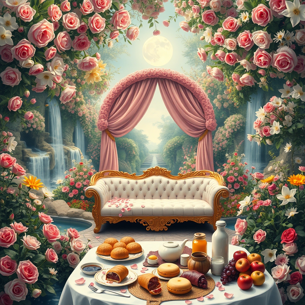 باغ زیبای بزرگ و افسانه ای پر رز لاله لی لی یم اطلسی شب بو مریم کوکب یاس نرگس نسترن سرتاپای باغ با گلها پوشیده شده
آبشاران جاری اند
رودها به هم می ریزند
زیر طاق گل صورتی
یک کاناپه سفید و طلایی دراز پر شده با گلبرگ
و میز مجلل صبحانه
پر نان کره خامه عسل مربا شیر میوه سیب انار انگور12