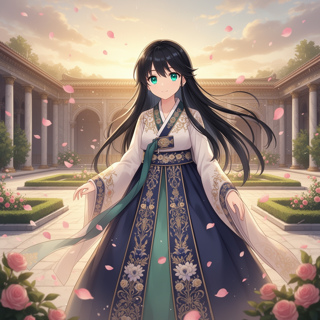 دختری بسیار زیبا و با لطافت خاص با موهای مشکی بلند و پر پشت که برق می زند و چشمان فیروزه ای دارد و هانبوکی سلطنتی به تن دارد او پرنسس است و در محوطه ی قصر است و بارانی از گلبرگ های رز دارد می بارد  0