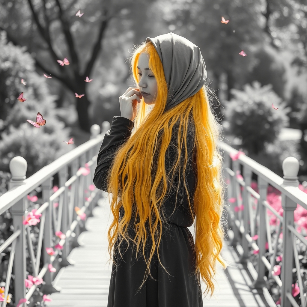 دختری ۱۸ ساله با پوستی سفید که موهایش از خودش بلند تر است موهای زرد و درخشان دارد و در پارکی رویایی روی پل آرزو ها موهایش را شانه میزند خورشید به موهایش می تابد و پرواز دور گل ها میگرددسالن فشنشو جذاب سیاه سفید صورتی17