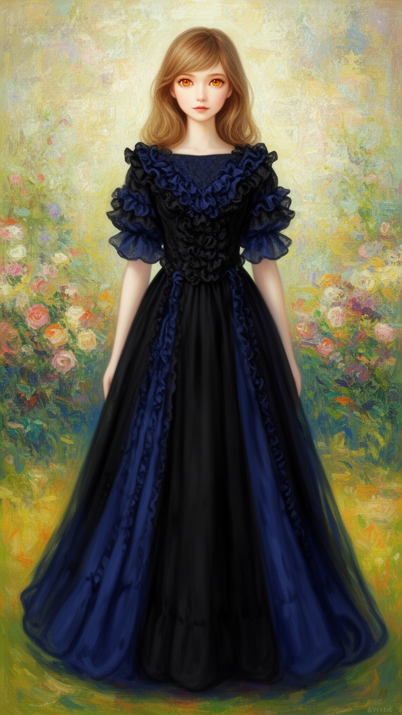 دختری زیبا و خوشگل با موهای به رنگ قهوه‌ای روشن  و چشم های کهربایی  و لباس های زیبا به  رنگ مشکی و ابی دامندار و پرپری و پف دار به صورت عروسکی  به سبک پست امپرسیونیسم 1
