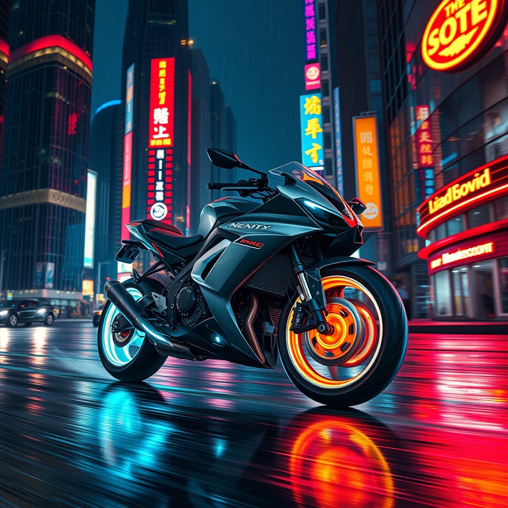 یک موتورسیکلت آیندهنگر با چرخهای هولوگرافیک، در حال حرکت با سرعت در شهری با نورهای نئون.13