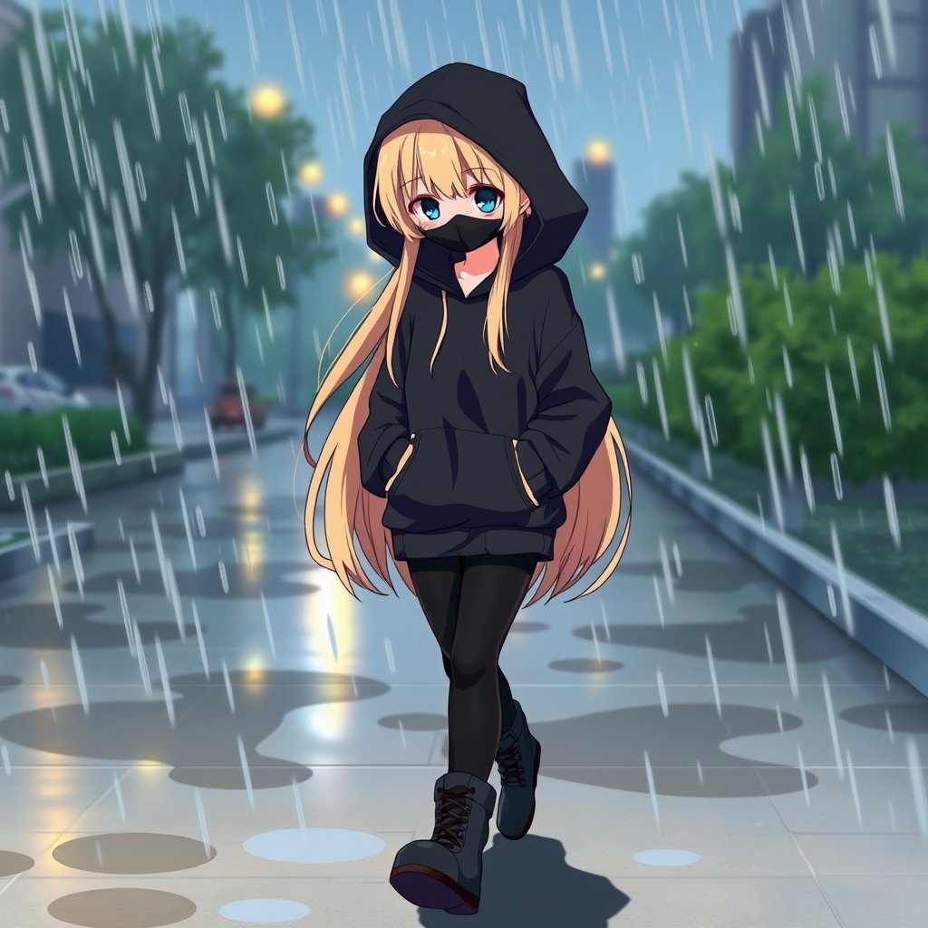 یک دختر با مو های طلایی و که ماسکی مشکی به صورت زده و هودی مشکی که کلاهش را روی سرش انداخته به تن دارد و یک لگ مشکی با کفش های بوت مشکی در هوای بارانی که در عصر است به سمت دوربین میآید و دست هایش را در جیب هودی اش کرده و به زمین نگاه می کند3